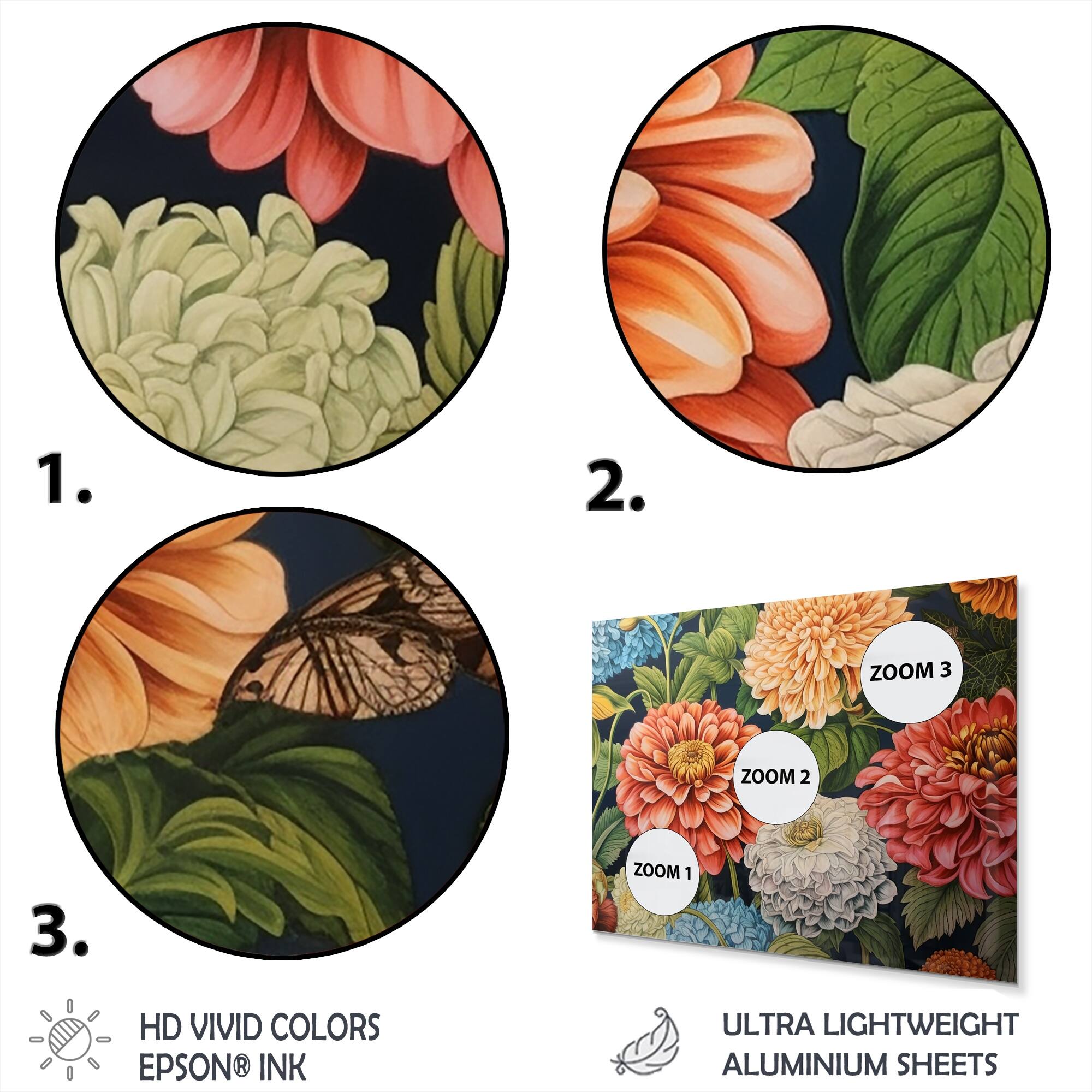 Designart "Coral Green Zinnias Charm" Zinnias Metal Wall Art Prints